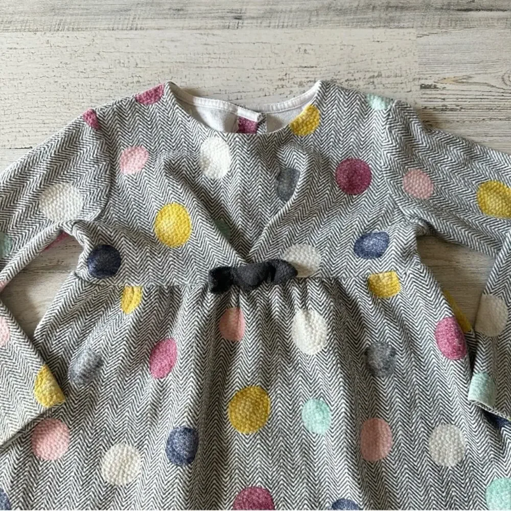 🍁 Zara Girls 6-9M Herringbone Polka Dot Lightweight Long Sleeve Dress Grey White